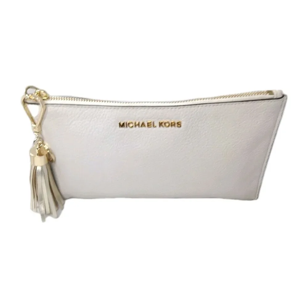 Michael Kors  Leather Clutch Purse Off White Tassel & Key Ring Accents